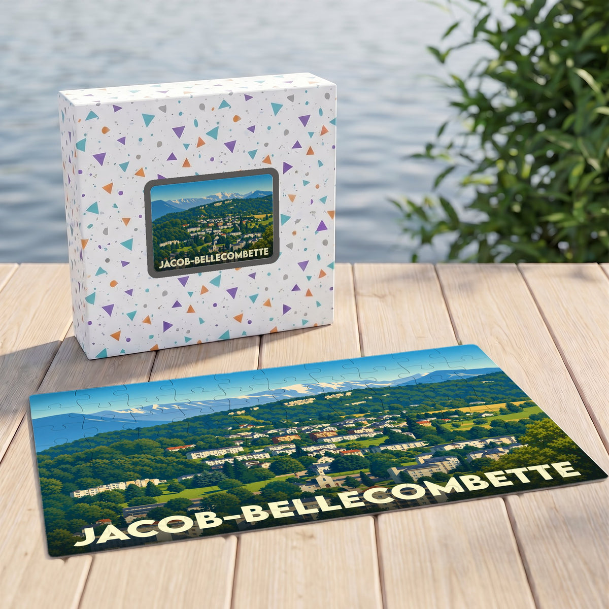 Puzzle souvenir de la ville de Jacob-Bellecombette avec une illustration paysagère stylisée.
