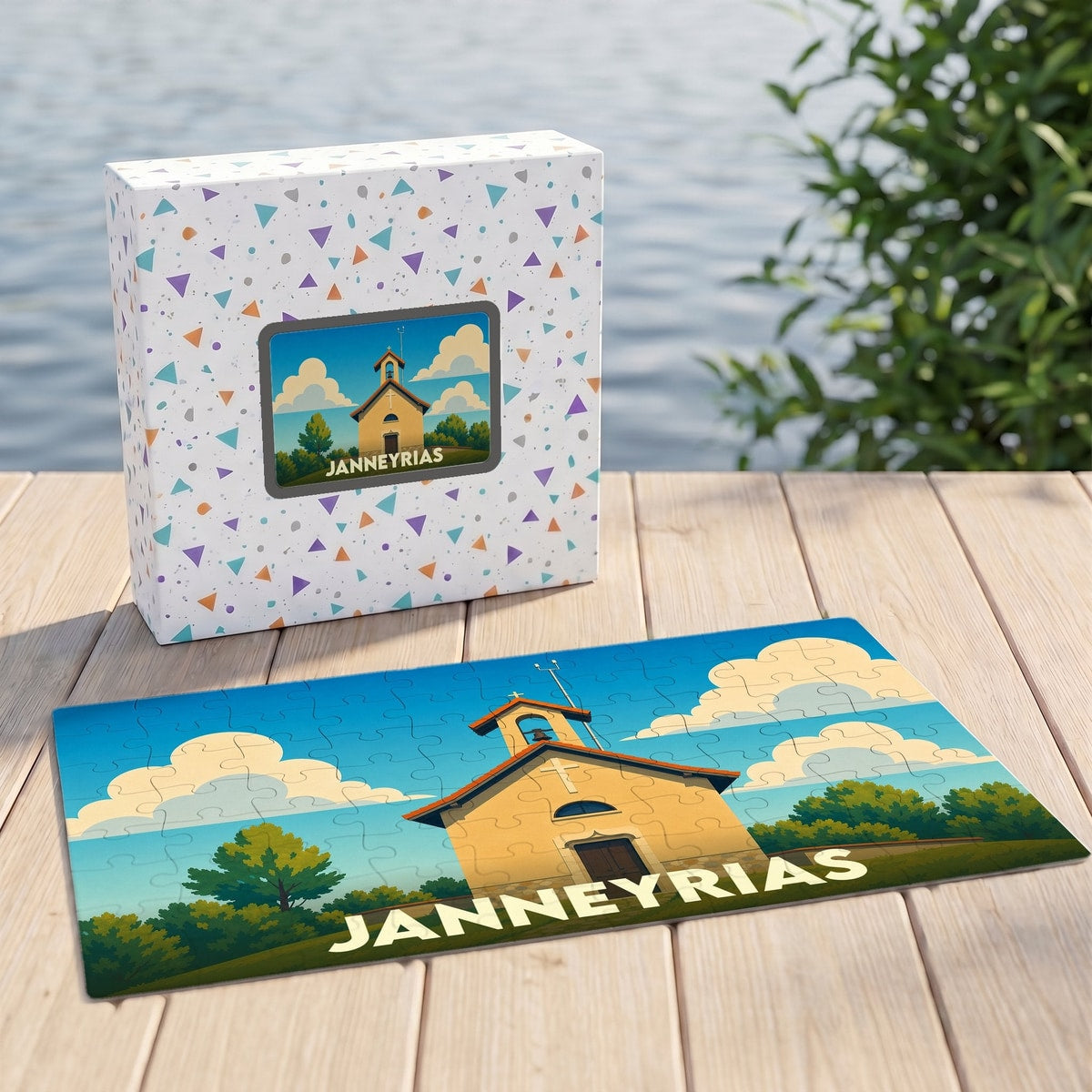 Puzzle souvenir de la ville de Janneyrias illustrant une petite chapelle sous un ciel ensoleillé.