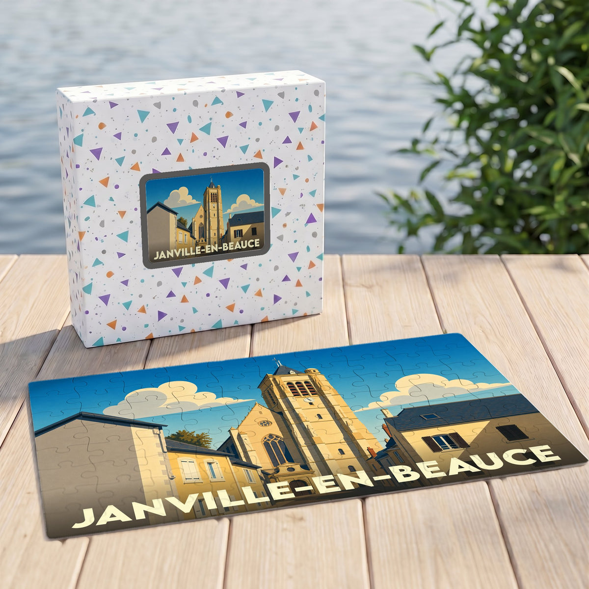Puzzle souvenir de la ville de Janville-en-Beauce avec une illustration stylisée de son église.