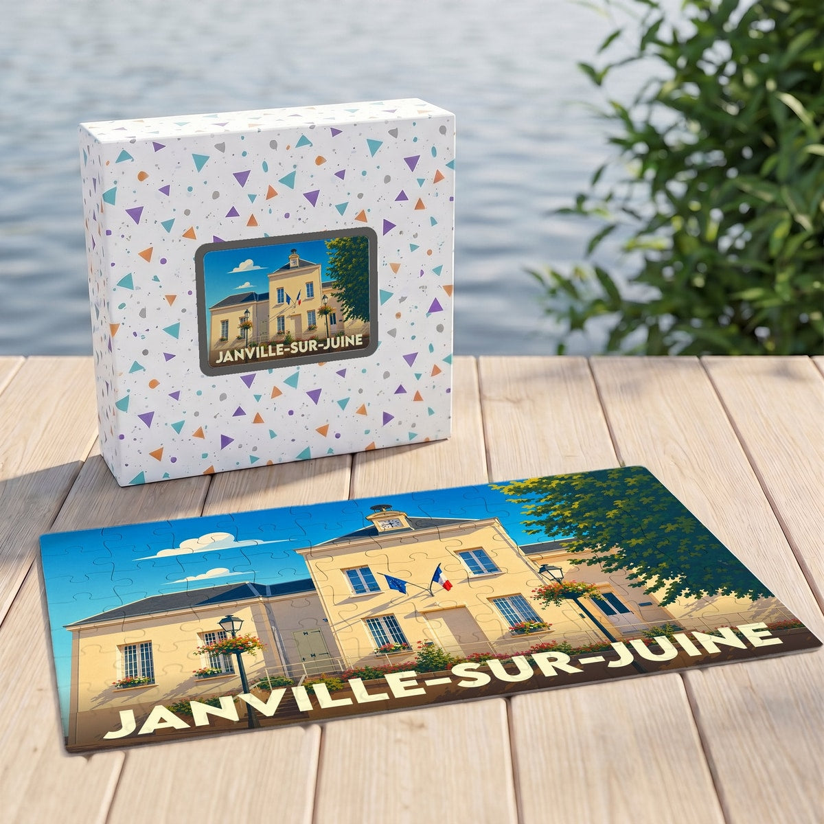 Puzzle souvenir de la ville de Janville-sur-Juine avec une illustration stylisée de sa mairie.
