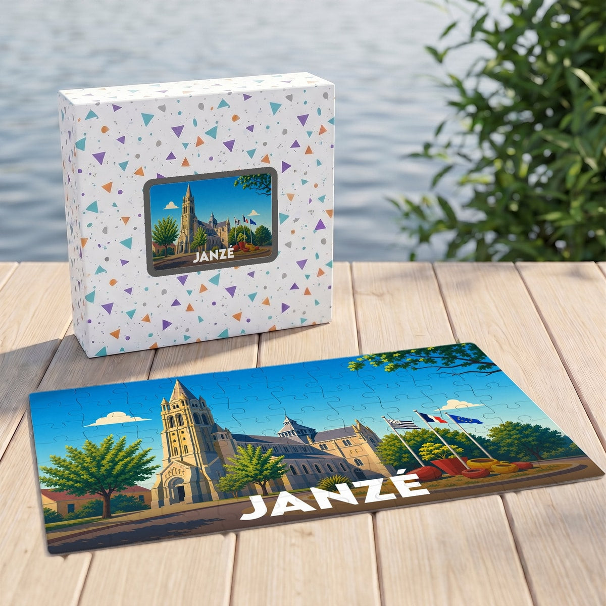 Puzzle souvenir de la ville de Janzé avec une illustration stylisée de son église et de ses drapeaux.