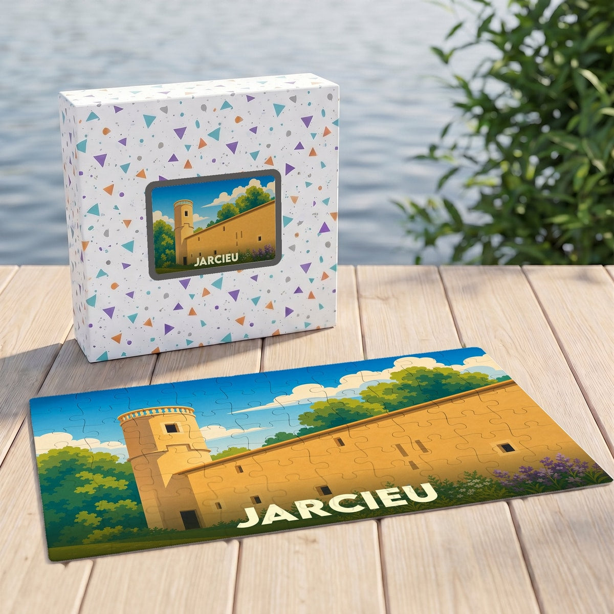 Puzzle souvenir de la ville de Jarcieu avec une illustration stylisée d'un bâtiment historique.