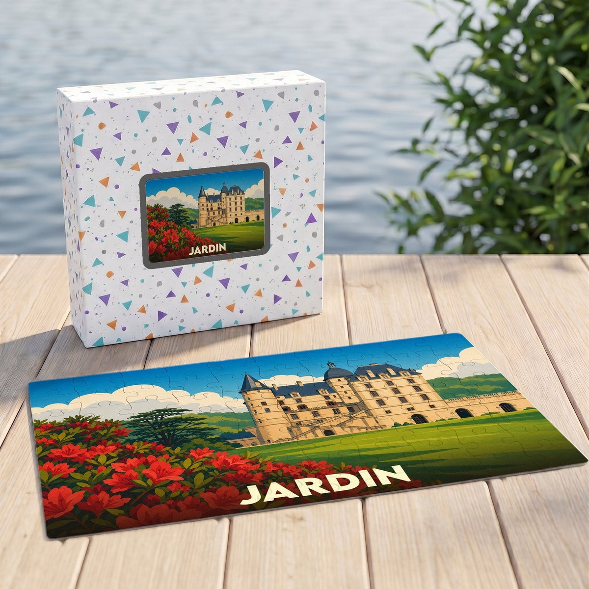 Puzzle souvenir de la ville de Jardin avec une illustration stylisée d'un château et de fleurs rouges.