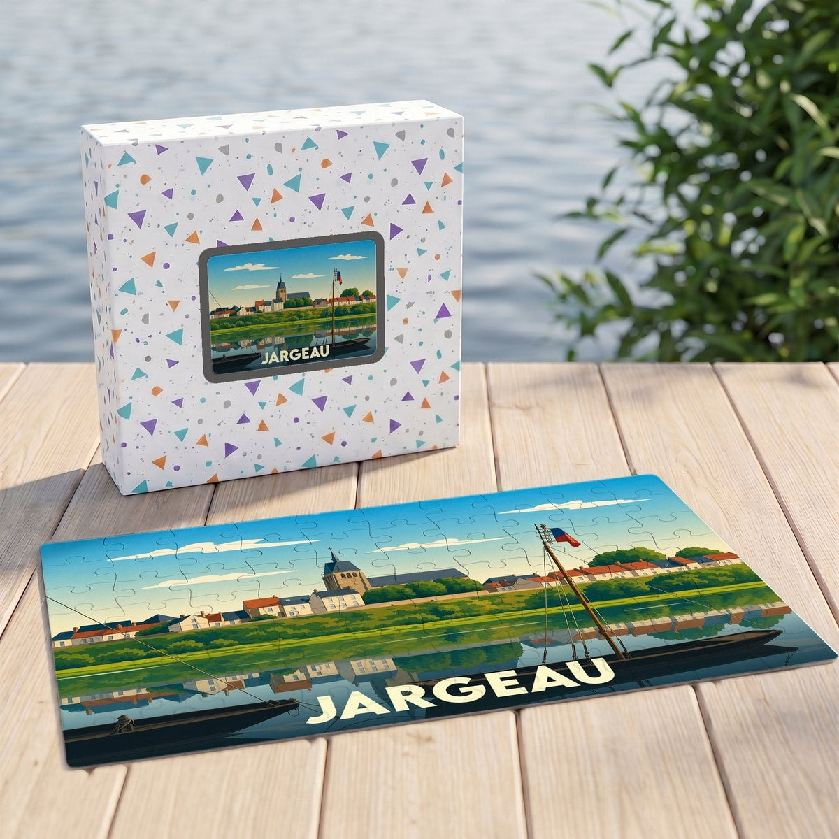 Puzzle souvenir de la ville de Jargeau avec une illustration stylisée d'un paysage fluvial.
