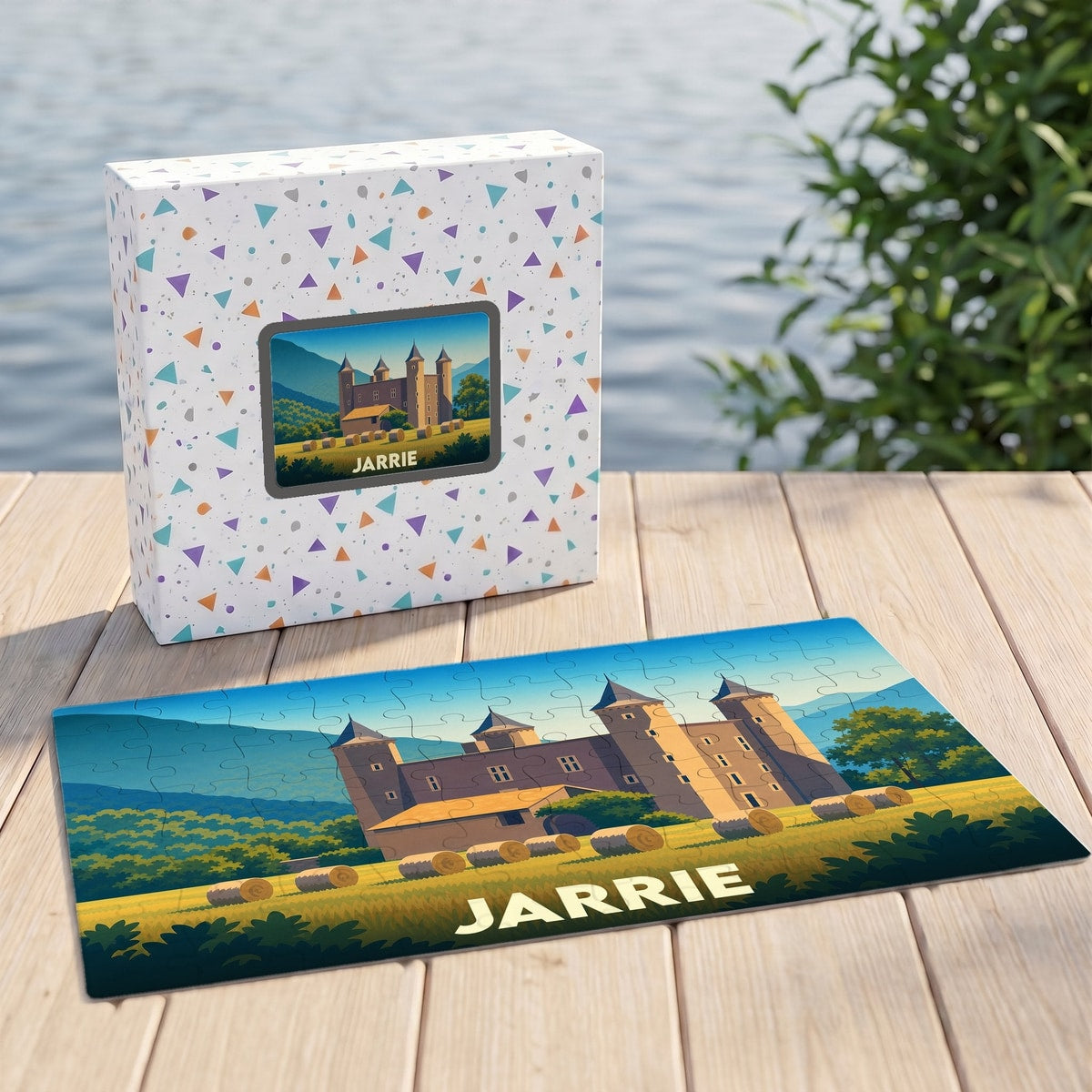 Puzzle souvenir de la ville de Jarrie avec une illustration stylisée d'un château.