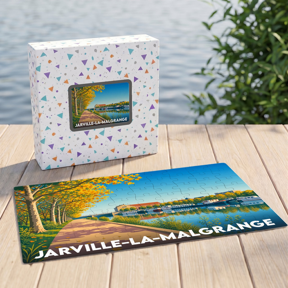 Puzzle souvenir de la ville de Jarville-la-Malgrange avec une illustration stylisée d'un canal bordé d'arbres.