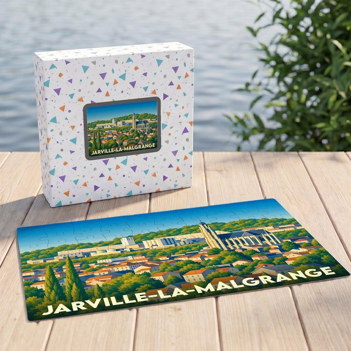 Puzzle souvenir de la ville de Jarville-la-Malgrange avec une illustration panoramique stylisée.