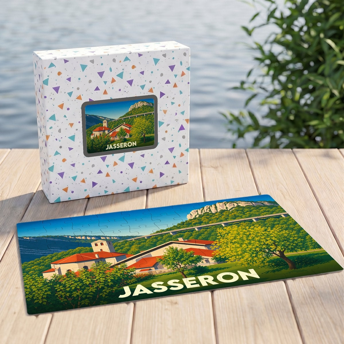 Puzzle souvenir de la ville de Jasseron avec une illustration stylisée d'un paysage local.