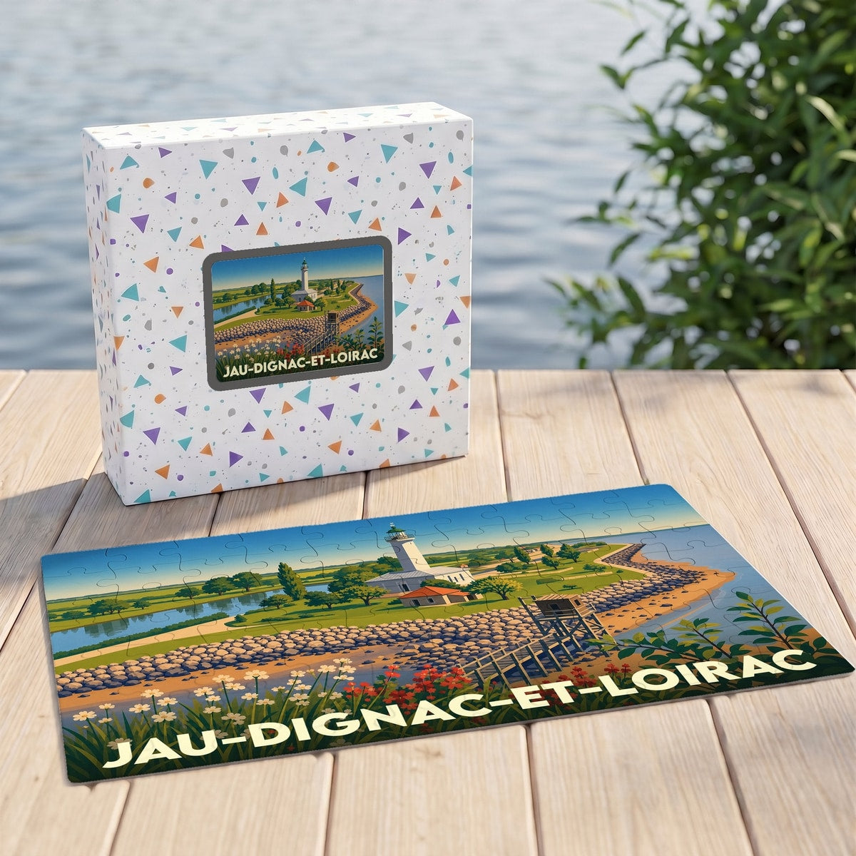Puzzle souvenir de la commune de Jau-Dignac-et-Loirac illustrant son phare et son littoral dans un style rétro.