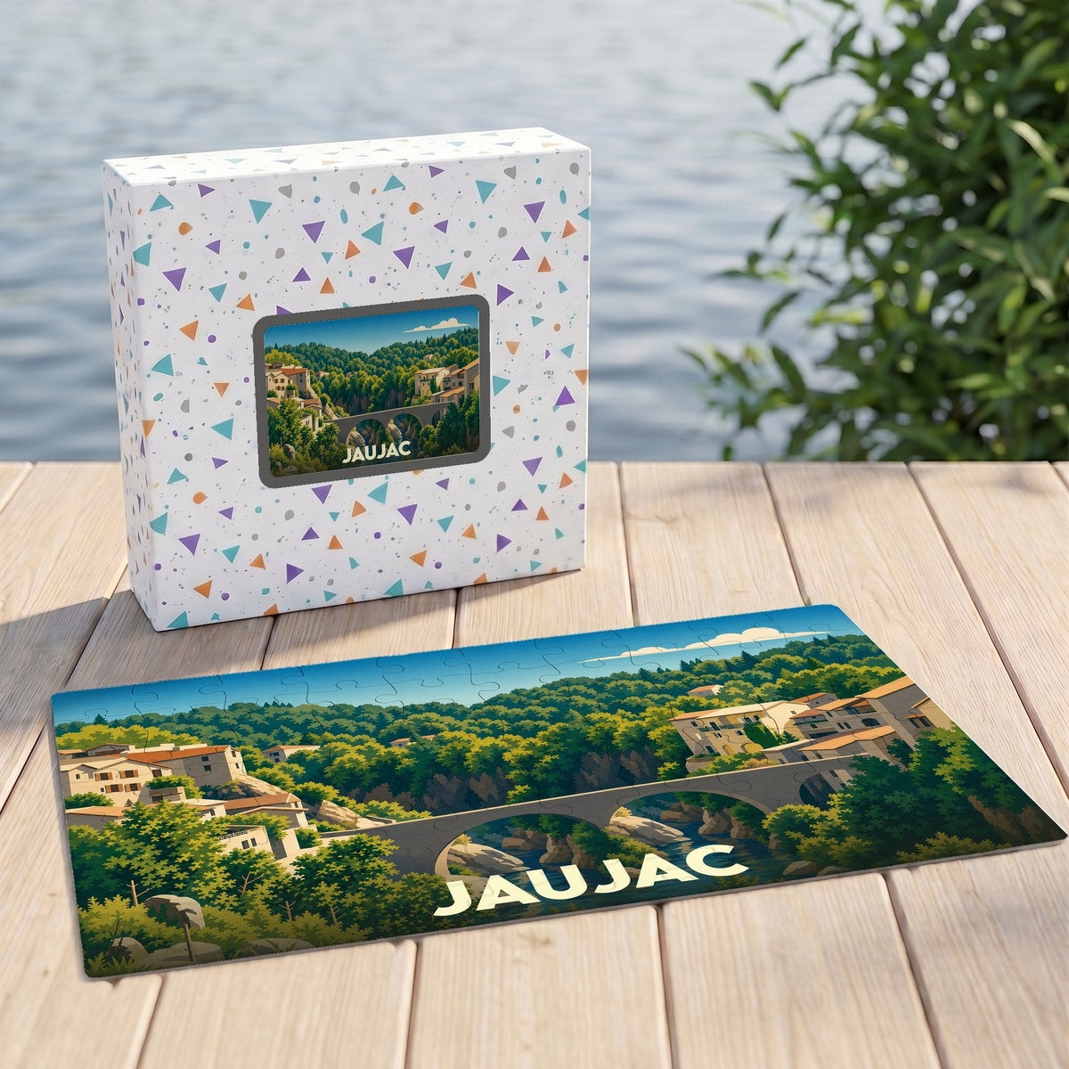 Puzzle souvenir de la ville de Jaujac avec une illustration stylisée de son pont et de son paysage.