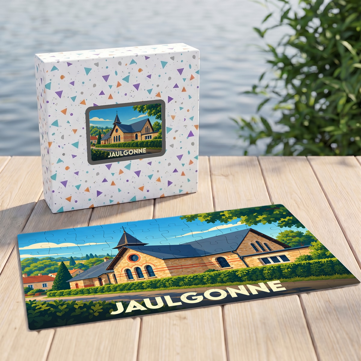 Puzzle souvenir de la ville de Jaulgonne avec une illustration stylisée d'un bâtiment historique.