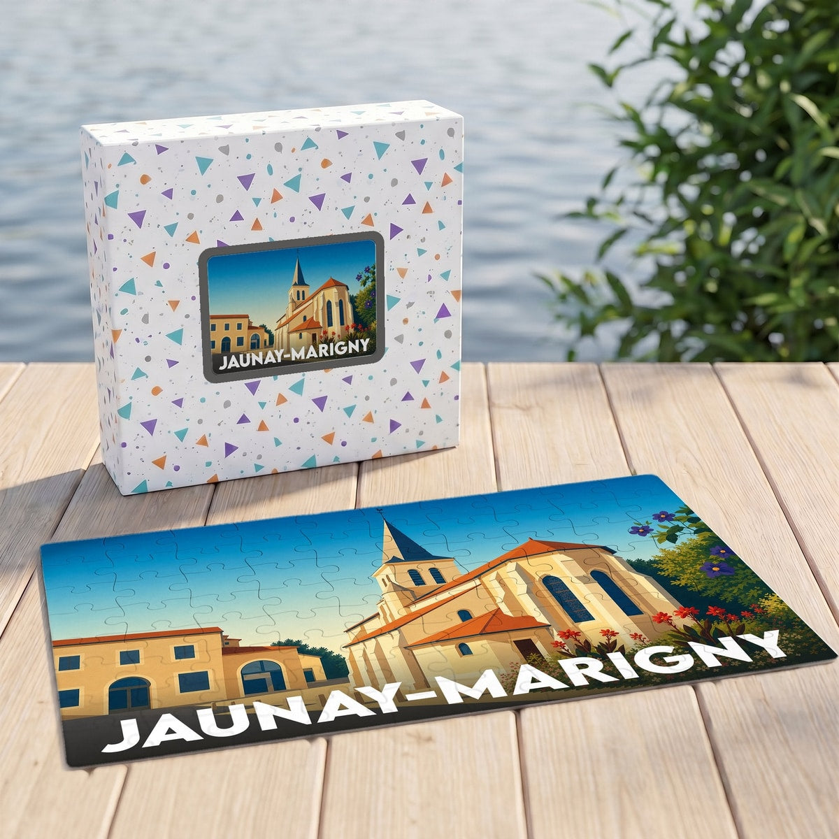 Puzzle souvenir de la ville de Jaunay-Marigny avec une illustration stylisée de son église.