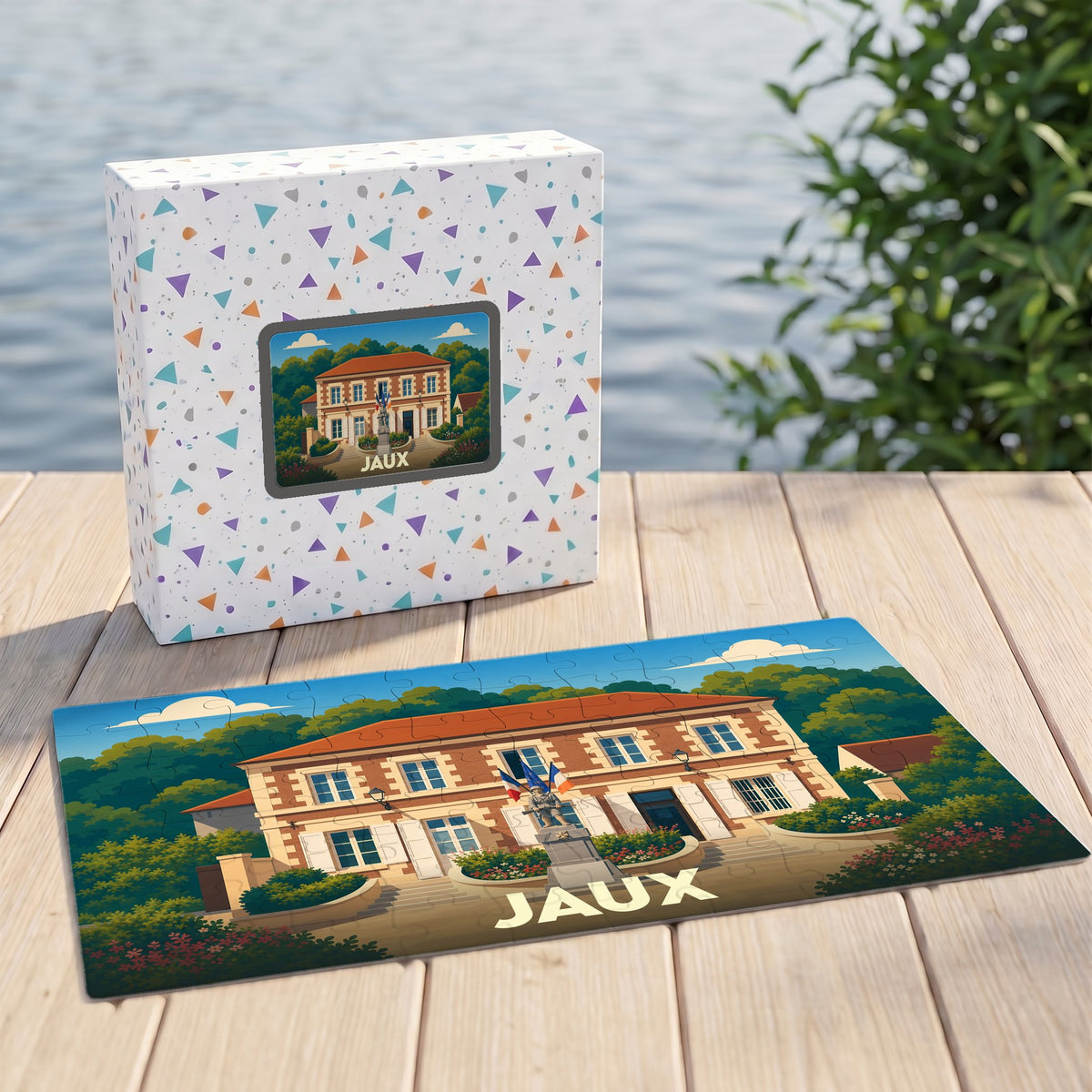 Puzzle souvenir de la ville de Jaux avec une illustration stylisée de sa mairie.