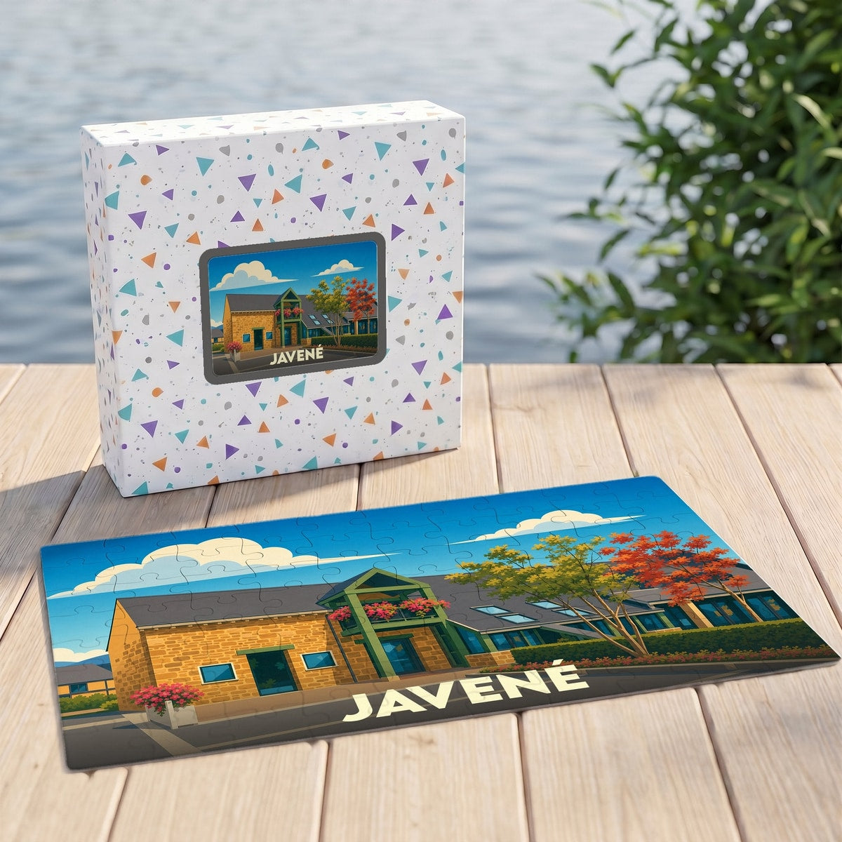 Puzzle souvenir de la ville de Javené avec une illustration stylisée d'un bâtiment local et son coffret assorti.