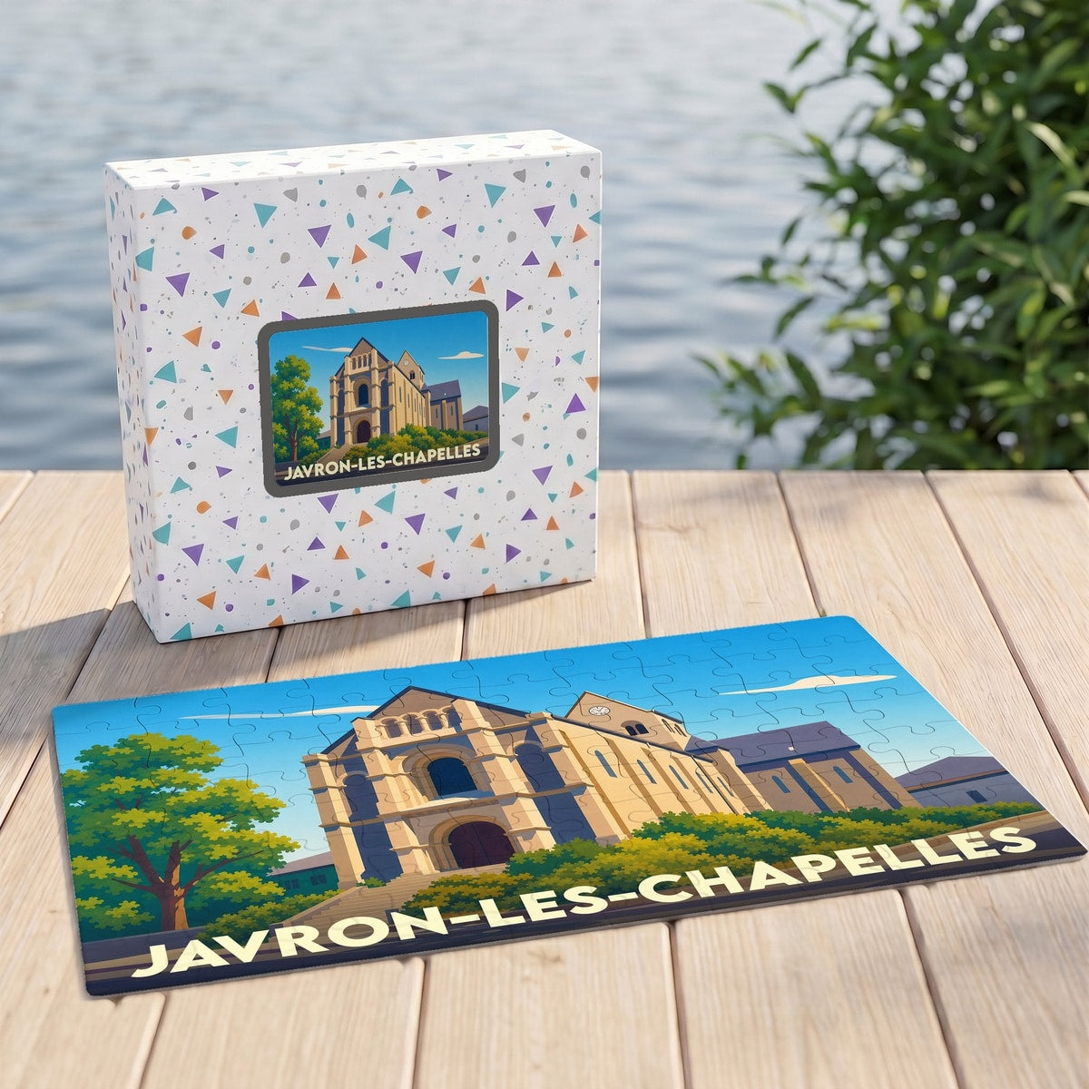 Puzzle souvenir de la ville de Javron-les-Chapelles avec une illustration stylisée de son église.