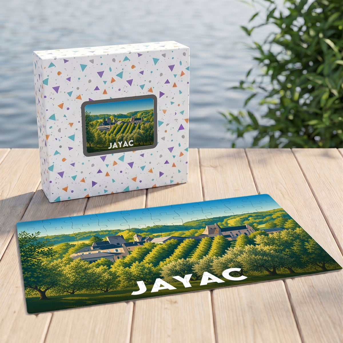 Puzzle souvenir de la ville de Jayac avec une illustration stylisée de son paysage et de ses bâtiments.
