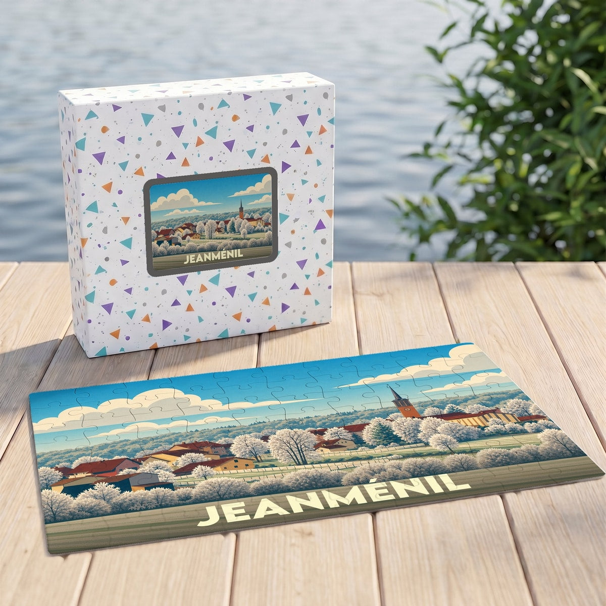 Puzzle souvenir de la ville de Jeanménil avec une illustration stylisée de son paysage urbain sous un ciel nuageux.