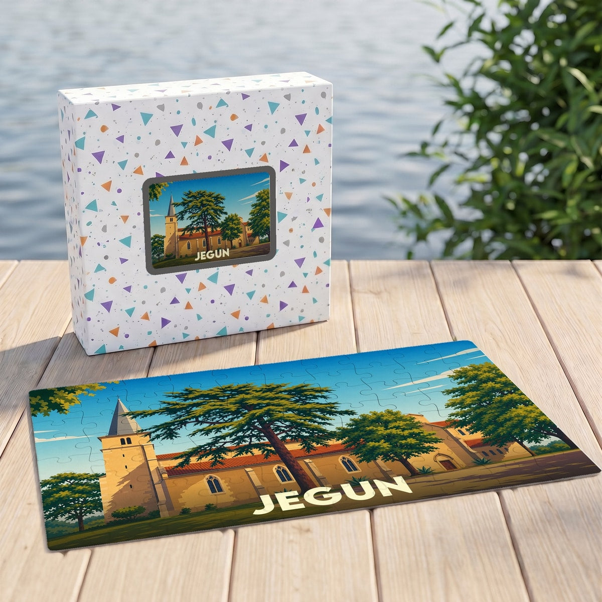Puzzle souvenir de la ville de Jegun avec une illustration stylisée d'une église et de son parc.