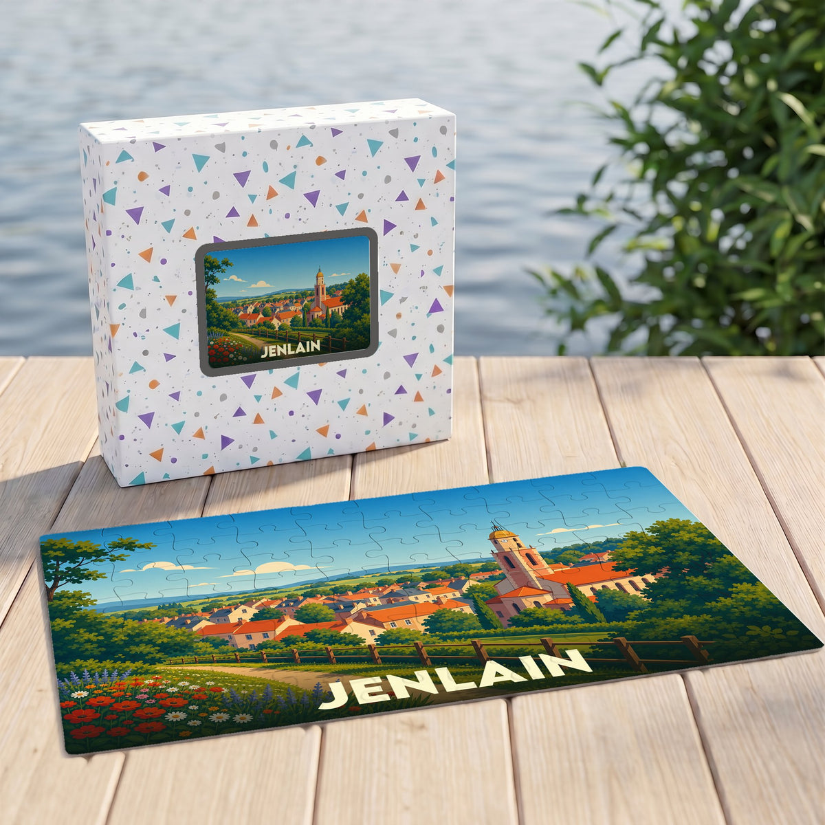 Puzzle souvenir de la ville de Jenlain représentant une illustration stylisée du village et de son église.