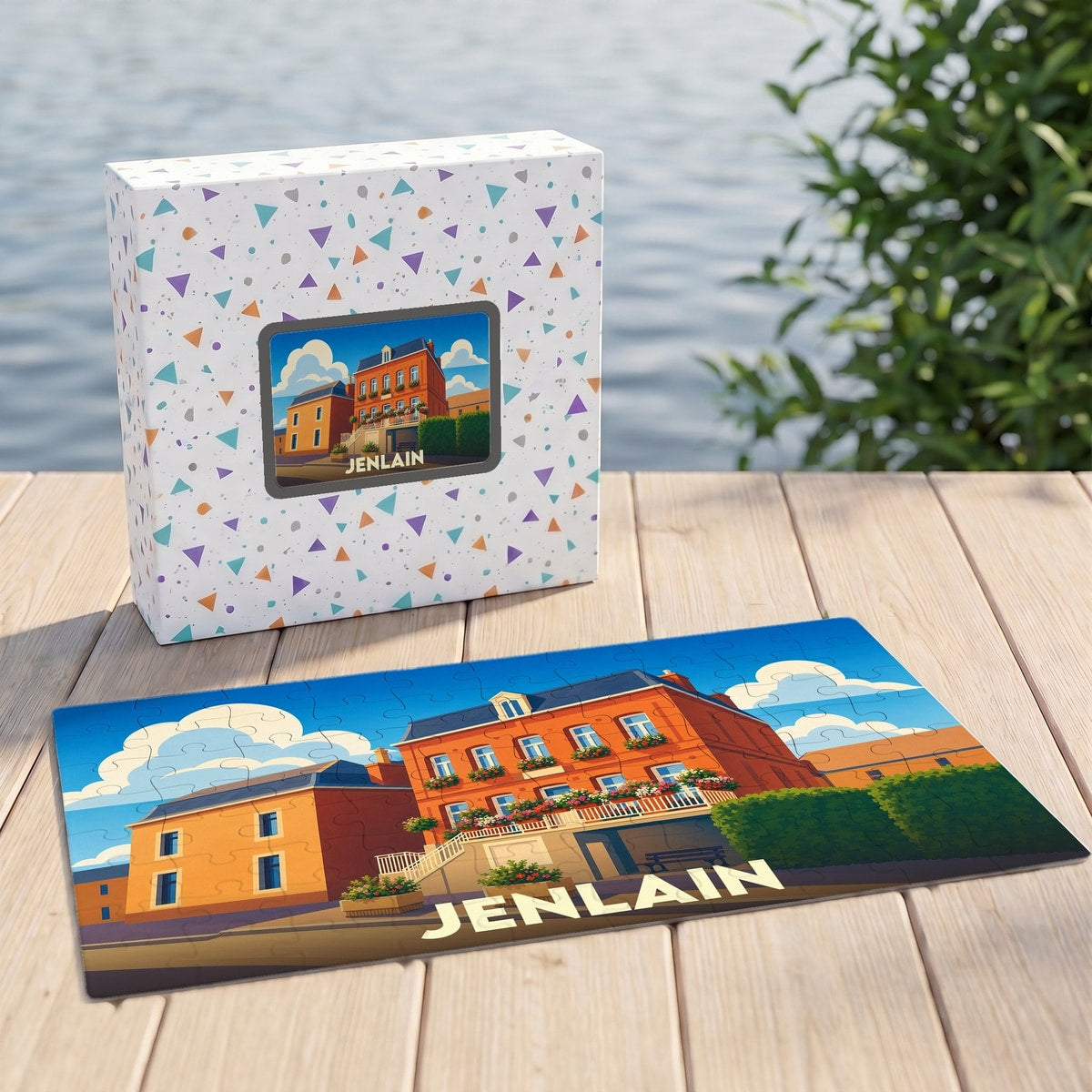 Puzzle souvenir de la ville de Jenlain avec une illustration stylisée d'un bâtiment traditionnel.