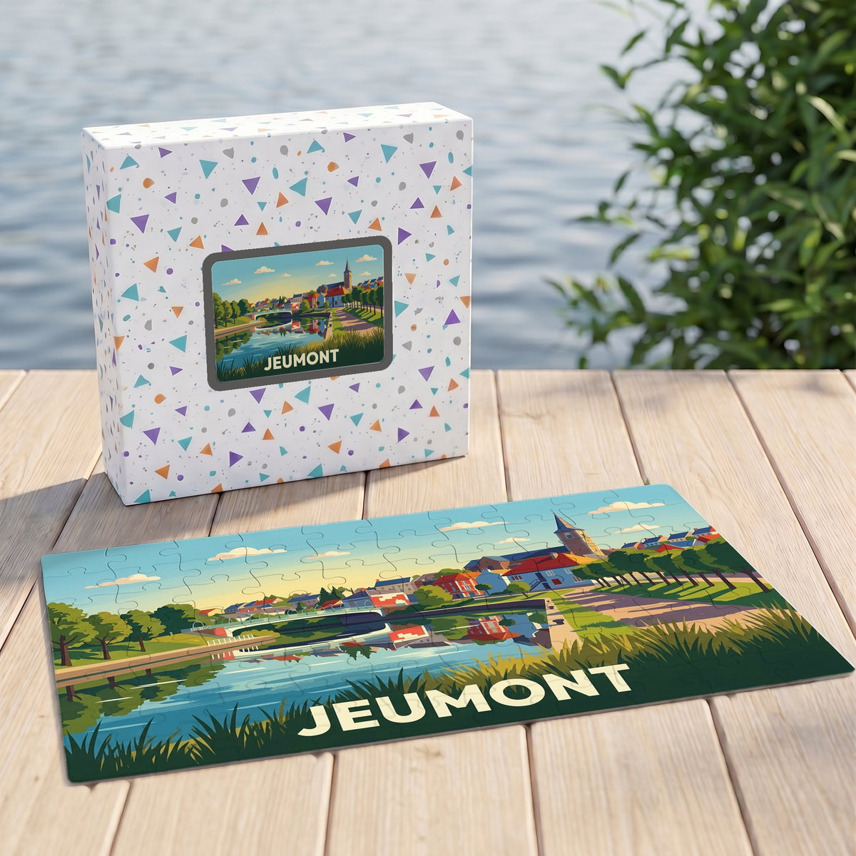 Puzzle souvenir de la ville de Jeumont avec une illustration colorée et stylisée de son paysage urbain au bord de l'eau.