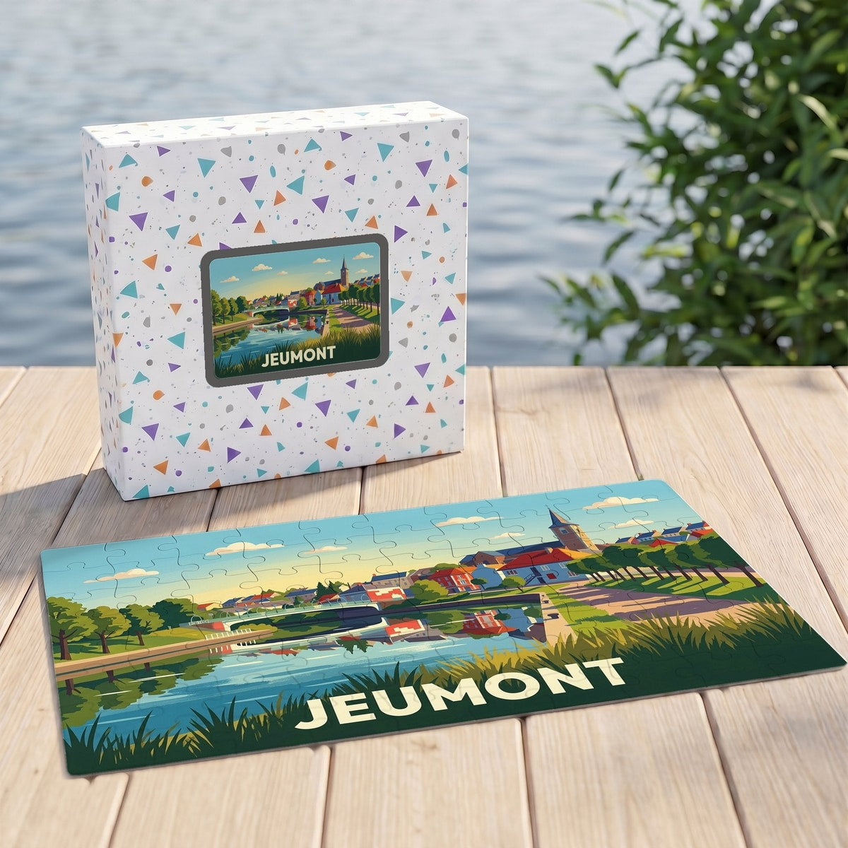 Puzzle souvenir de la ville de Jeumont avec une illustration colorée et stylisée de son paysage urbain au bord de l'eau.