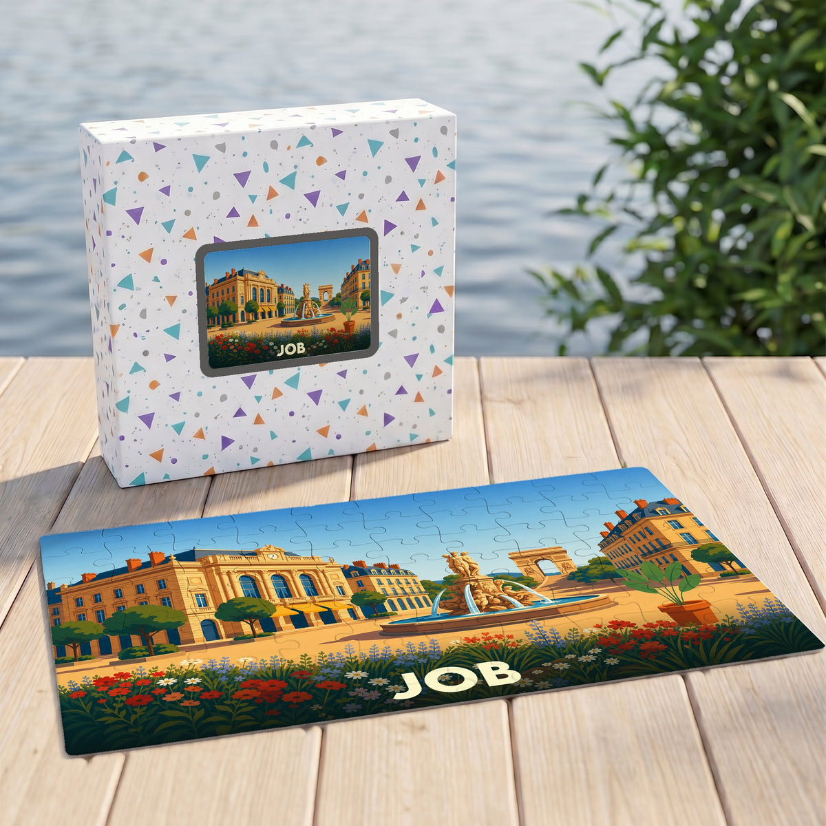 Puzzle souvenir de la ville de Job avec une illustration stylisée d'une place ensoleillée.