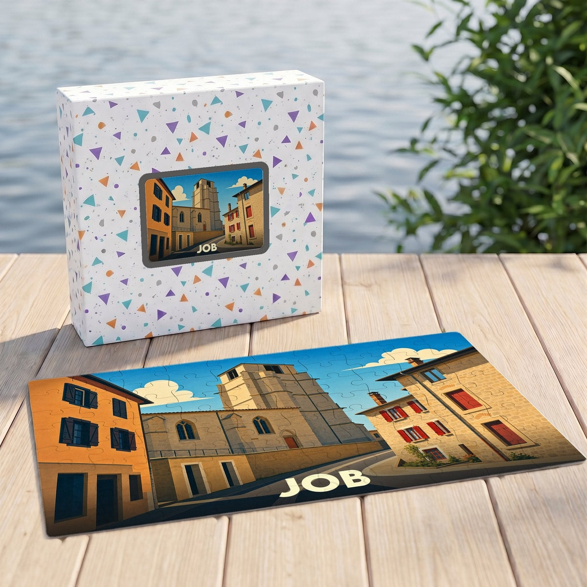 Puzzle souvenir de la ville de Job avec une illustration stylisée.