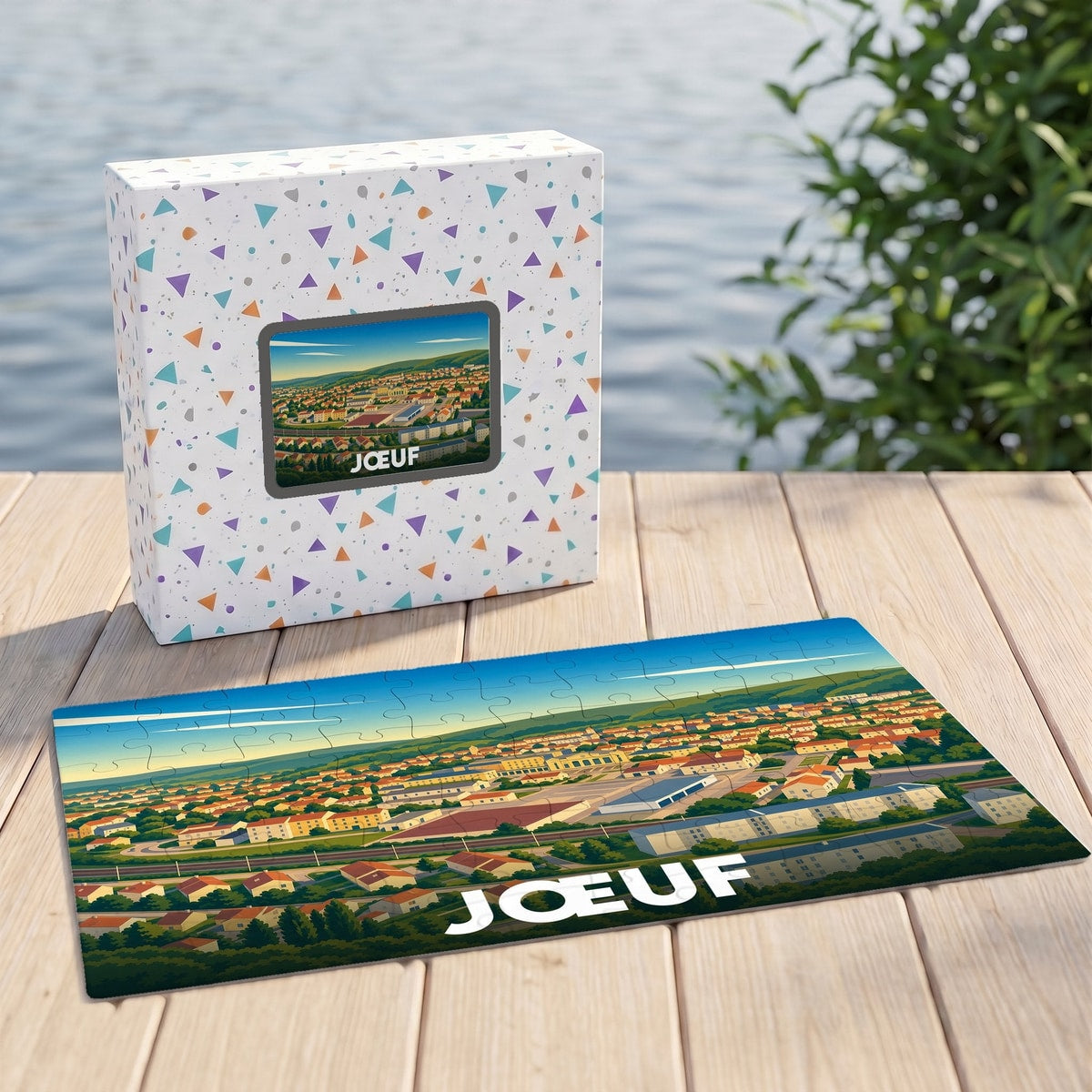 Puzzle souvenir de la ville de Jœuf avec une illustration panoramique stylisée.