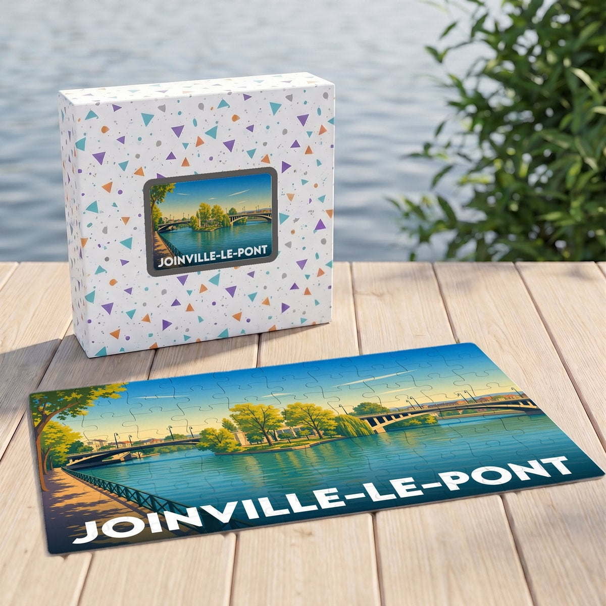Puzzle souvenir de la ville de Joinville-le-Pont avec une illustration graphique de ses bords de Marne.