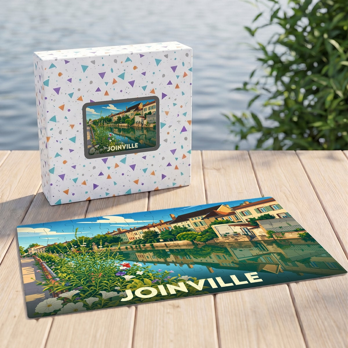 Puzzle souvenir de la ville de Joinville avec une illustration stylisée d'un paysage urbain au bord de l'eau.