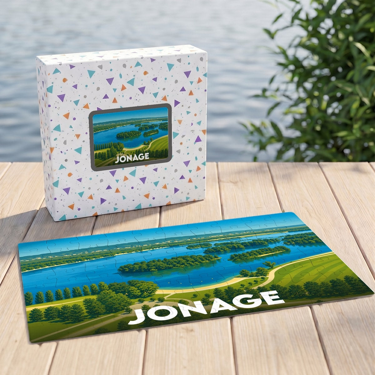 Puzzle souvenir de la ville de Jonage illustrant son parc et ses étendues d'eau.