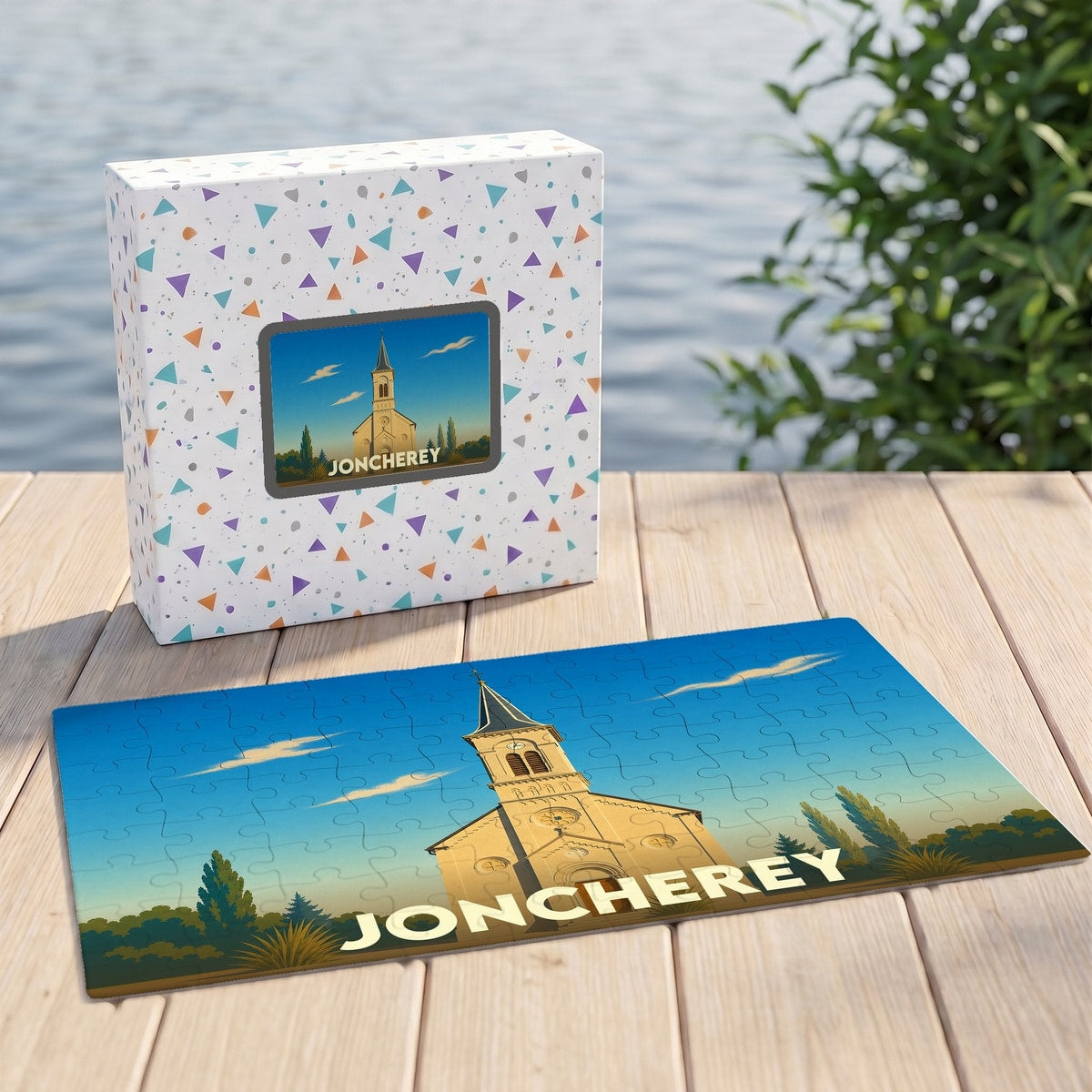 Puzzle souvenir de la ville de Joncherey illustrant son église dans un style graphique épuré.