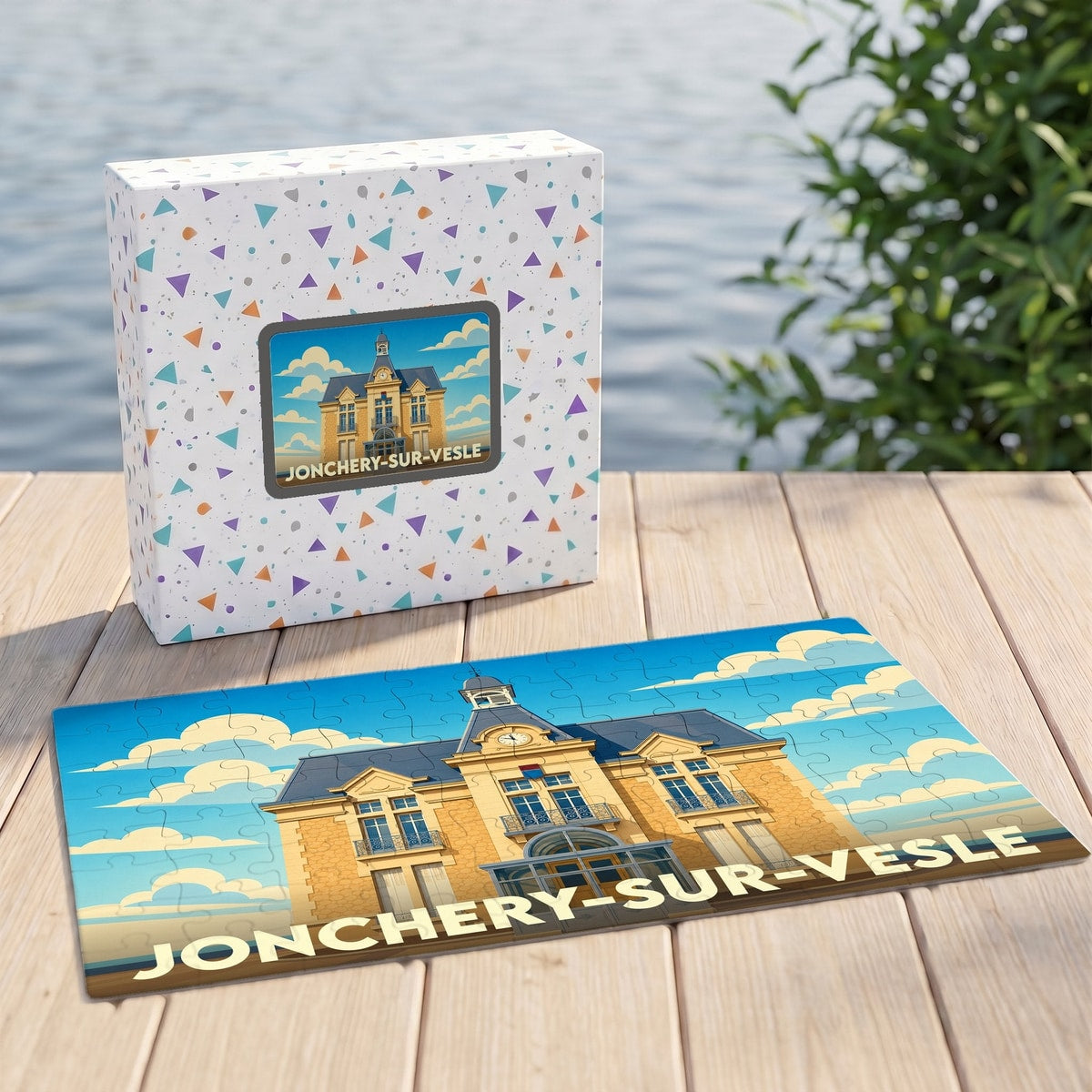 Puzzle souvenir de la ville de Jonchery-sur-Vesle avec une illustration stylisée de sa mairie.