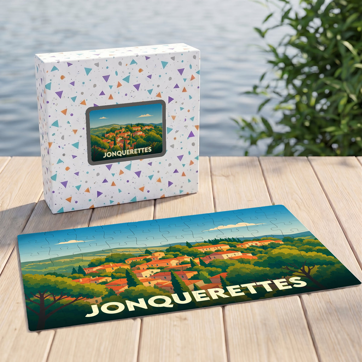 Puzzle souvenir de la ville de Jonquerettes illustrant un paysage de village provençal.