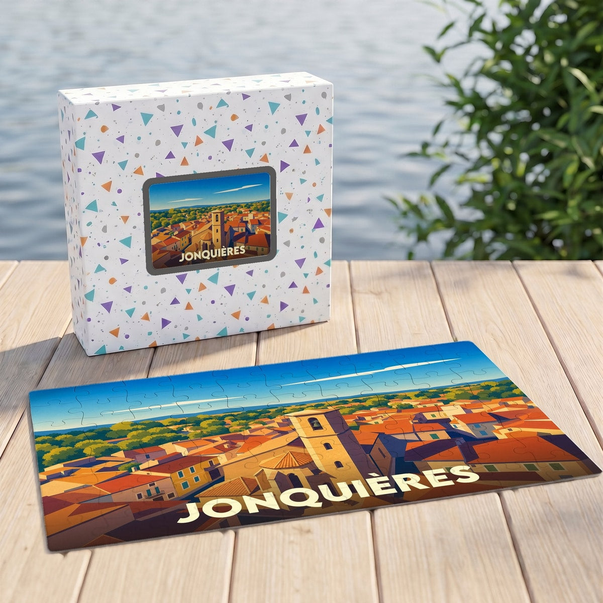 Puzzle souvenir de la ville de Jonquières illustrant ses toits et son église dans un style graphique épuré.