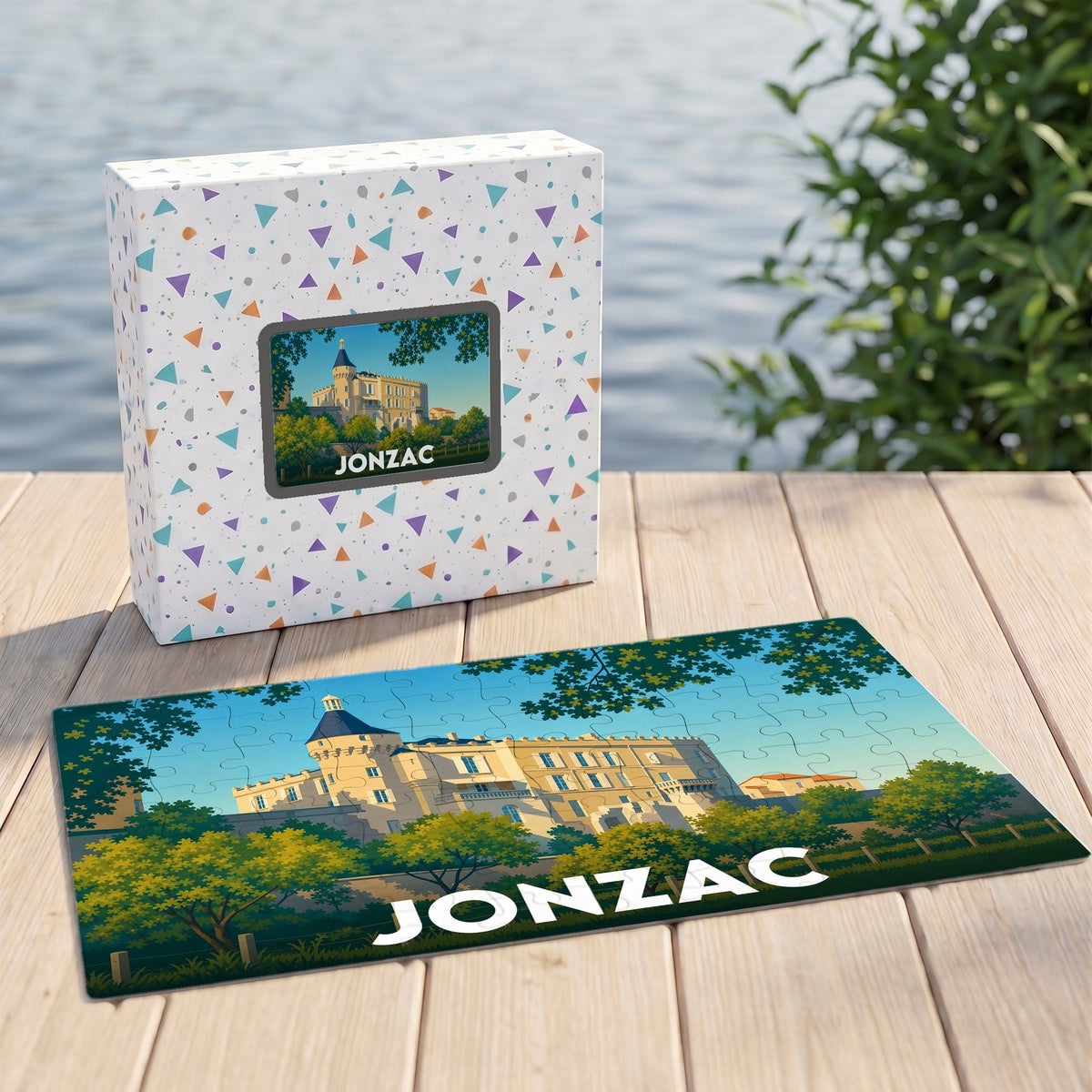 Puzzle souvenir de la ville de Jonzac avec une illustration stylisée de son château.