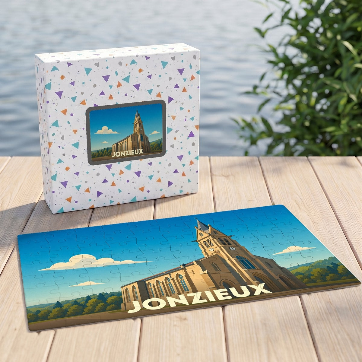 Puzzle souvenir de la ville de Jonzieux avec une illustration stylisée d'une église sur sa boîte et ses pièces assemblées.