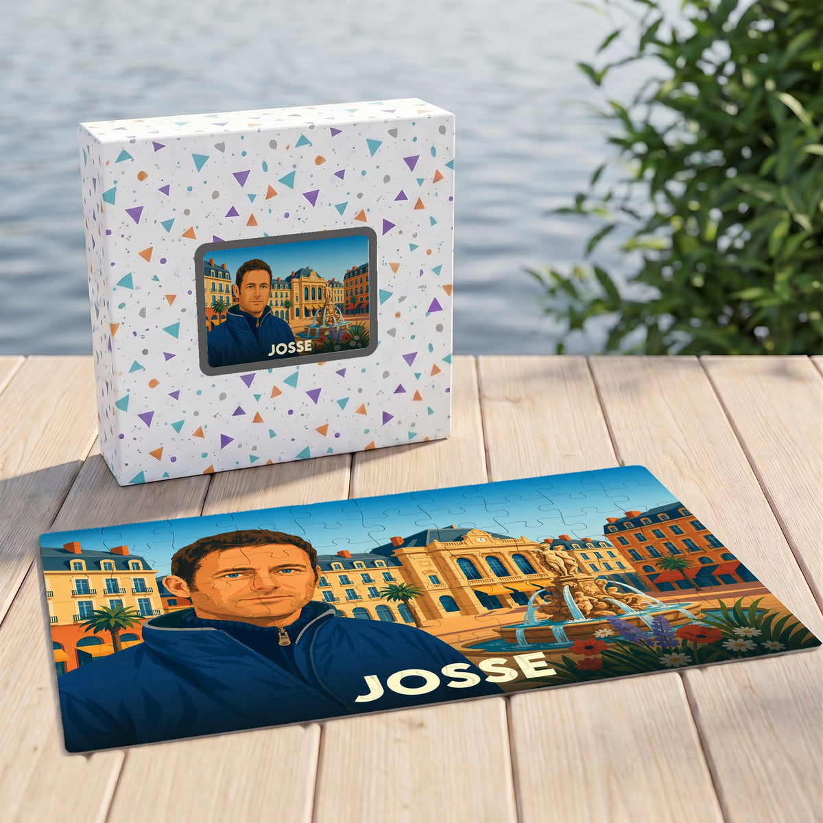 Puzzle souvenir de la ville de Josse avec une illustration stylisée d'un homme devant une fontaine.