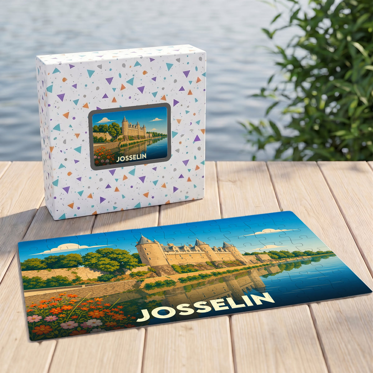 Puzzle souvenir de la ville de Josselin avec une illustration stylisée du château et son reflet sur l'eau.