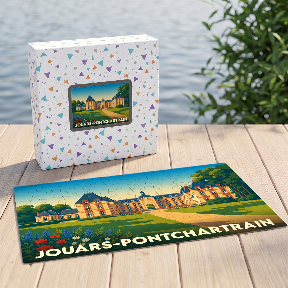 Puzzle souvenir de la ville de Jouars-Pontchartrain avec une illustration stylisée de son château.