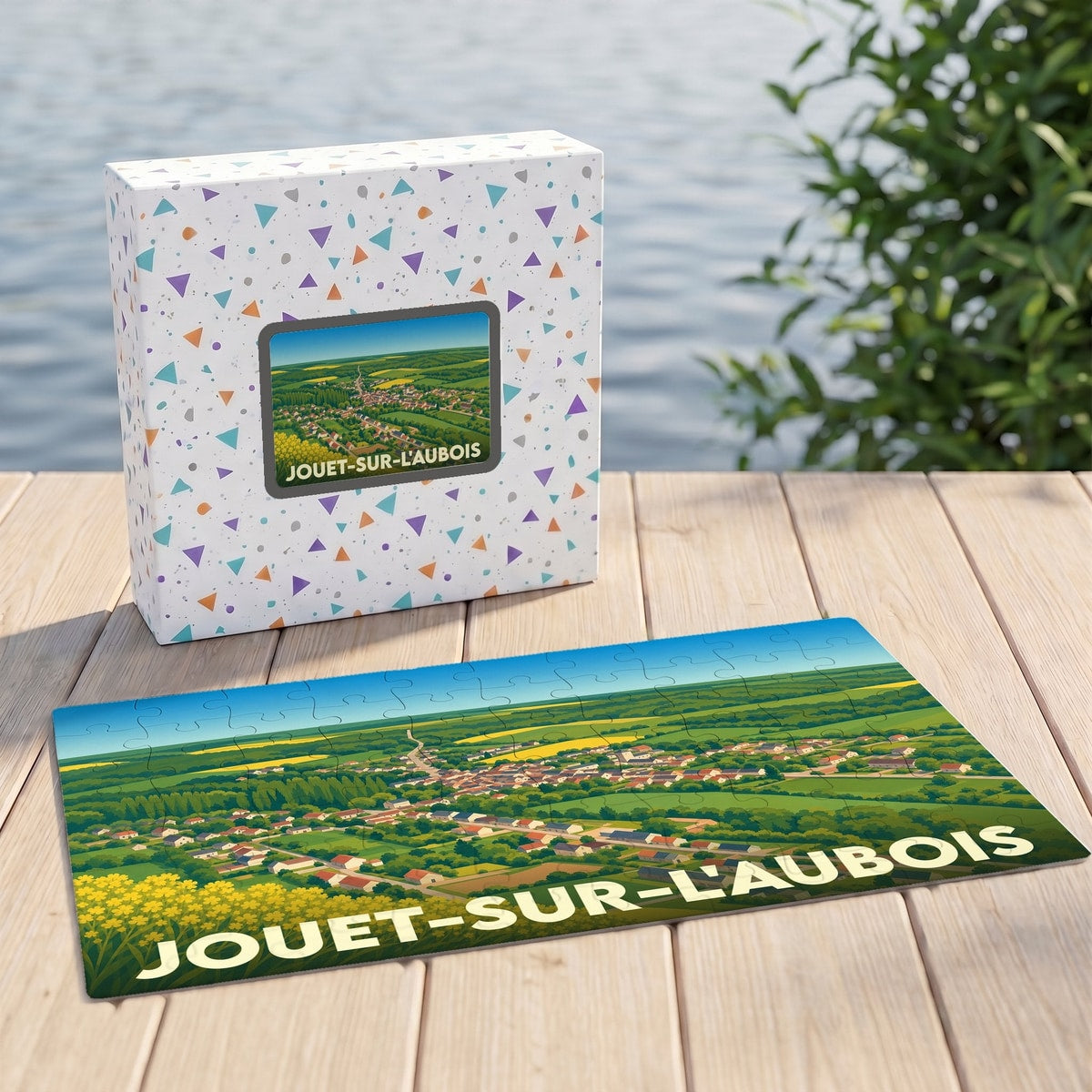Puzzle souvenir de la ville de Jouet-sur-l'Aubois avec une illustration paysagère stylisée.