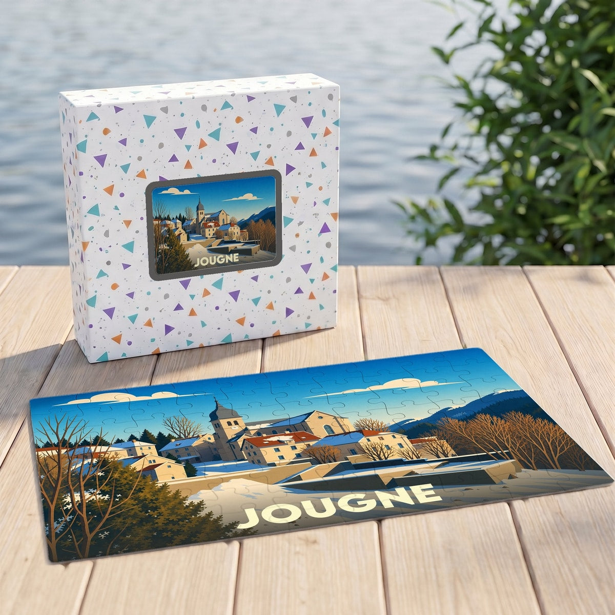 Puzzle souvenir de la ville de Jougne avec une illustration hivernale stylisée.