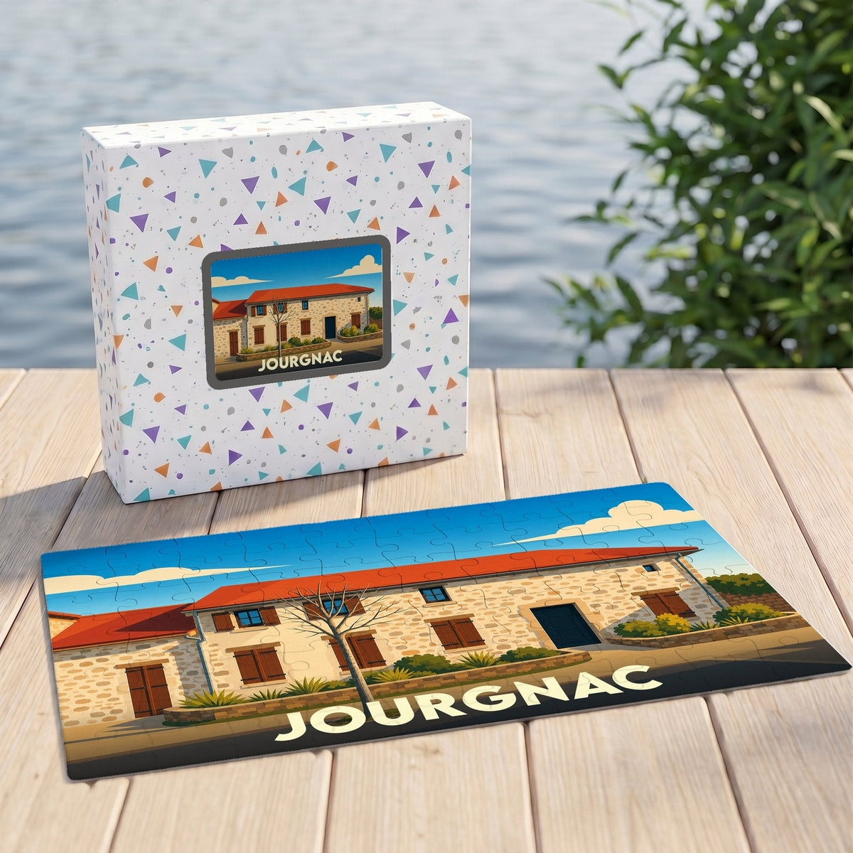 Puzzle souvenir de la ville de Jourgnac avec une illustration stylisée d'une maison traditionnelle en pierre.