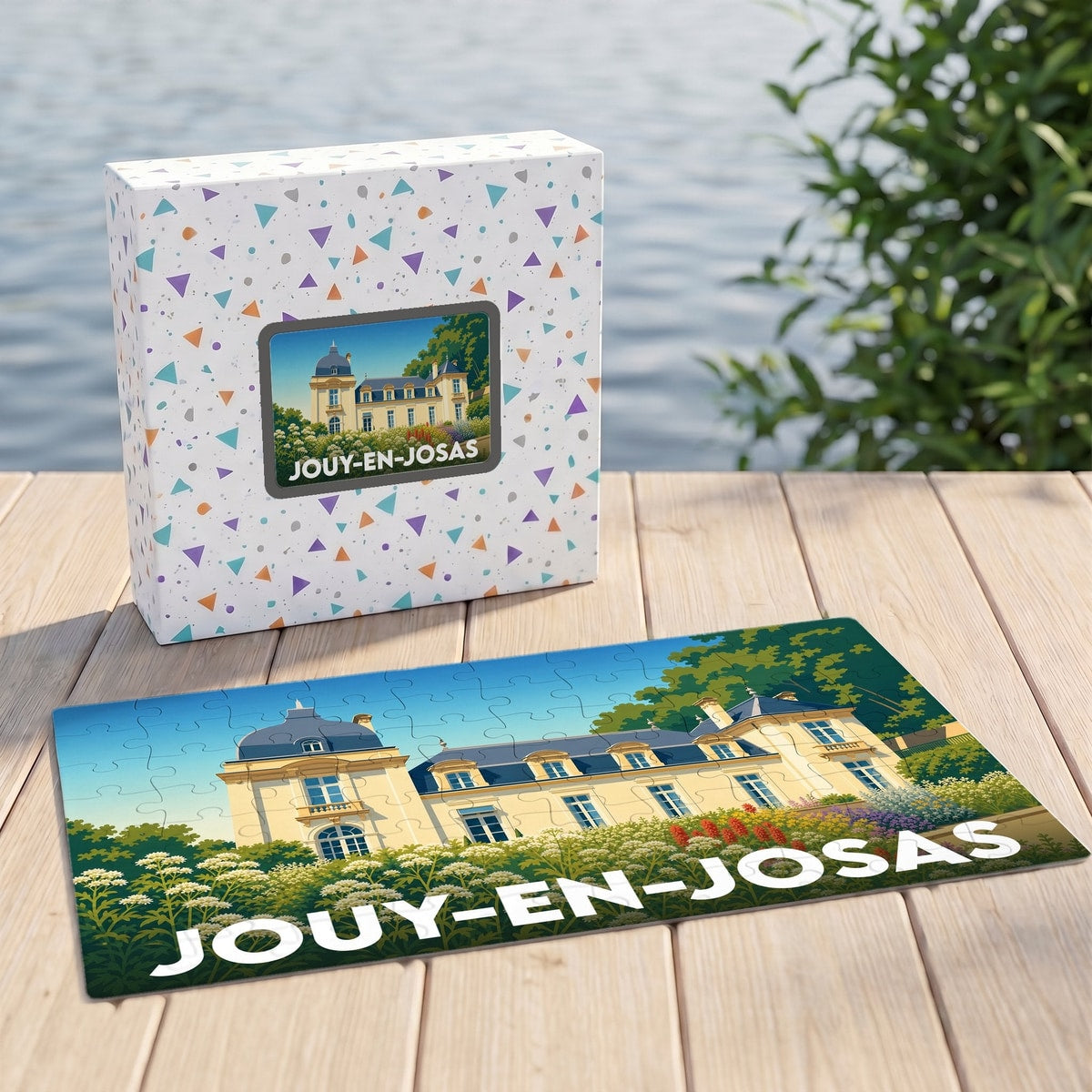 Puzzle souvenir de la ville de Jouy-en-Josas avec une illustration stylisée d'un château.
