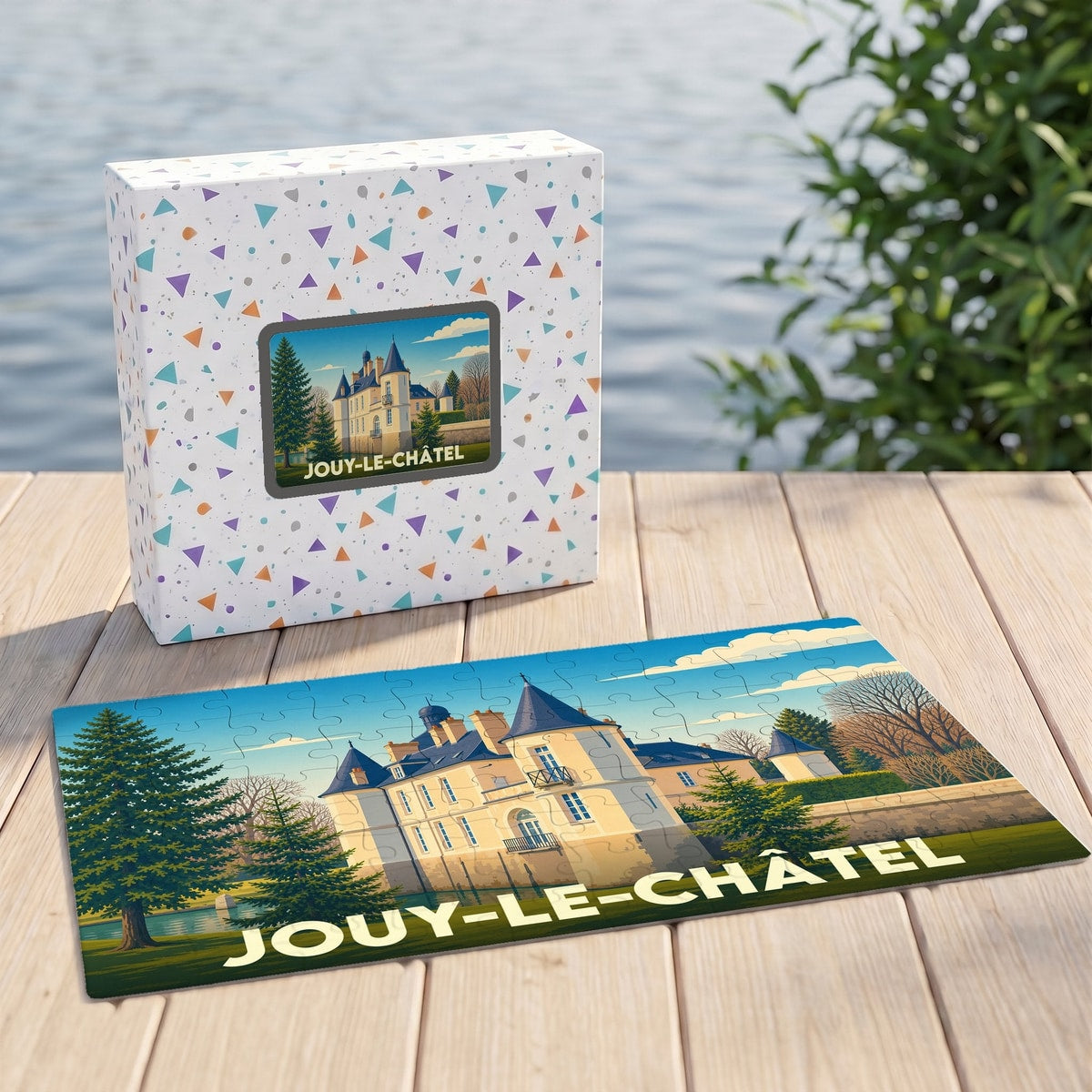 Puzzle souvenir de la ville de Jouy-le-Châtel avec une illustration stylisée d'un château.