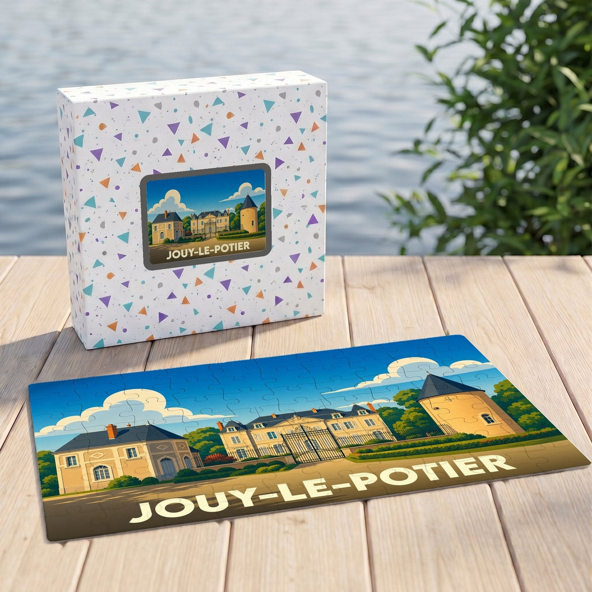 Puzzle souvenir de la ville de Jouy-le-Potier avec une illustration stylisée de son patrimoine.