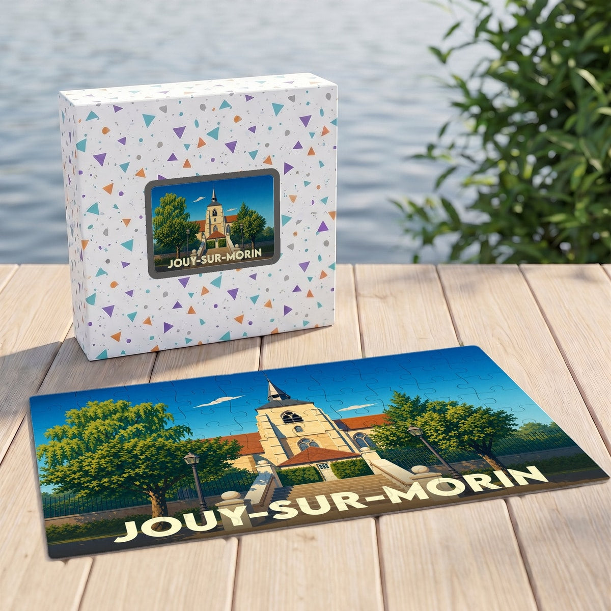 Puzzle souvenir de la ville de Jouy-sur-Morin avec son illustration et sa boîte assortie.