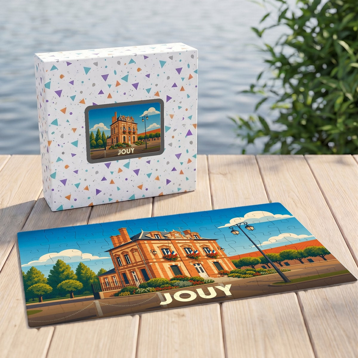 Puzzle souvenir de la ville de Jouy avec une illustration stylisée de son hôtel de ville.