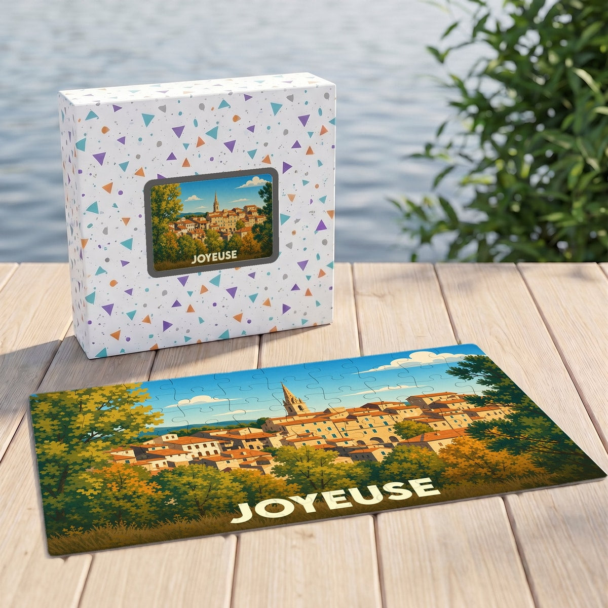 Puzzle souvenir de la ville de Joyeuse avec une illustration stylisée d'un village provençal.